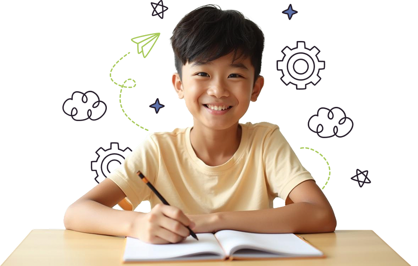 banner-img Happy Singapore primary school boy studying English with focus and confidence
